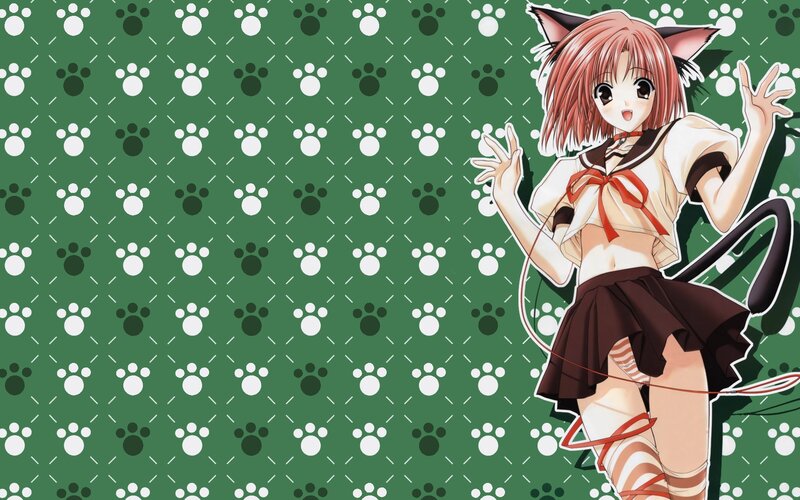 Anime Girl with Cat Ears — Green, Playful, Cat Ears, Tail, School Uniform, White