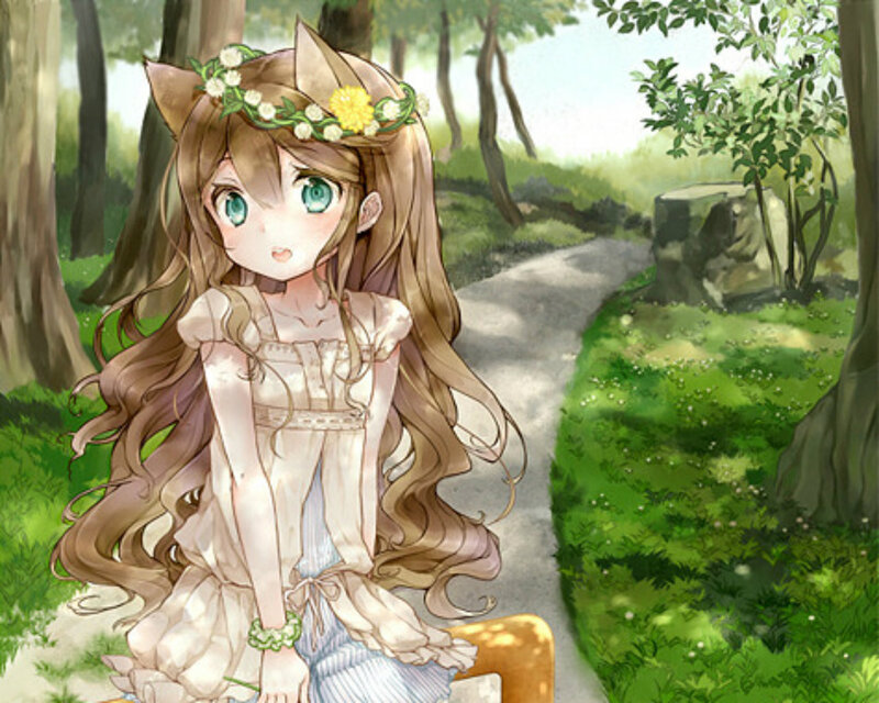 Anime Girl with Cat Ears — Green, Serene, Afternoon