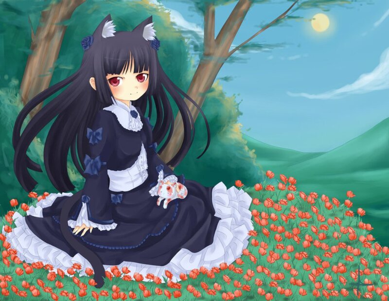 Anime Girl with Cat Ears — Green, Serene, Night, Digital Art