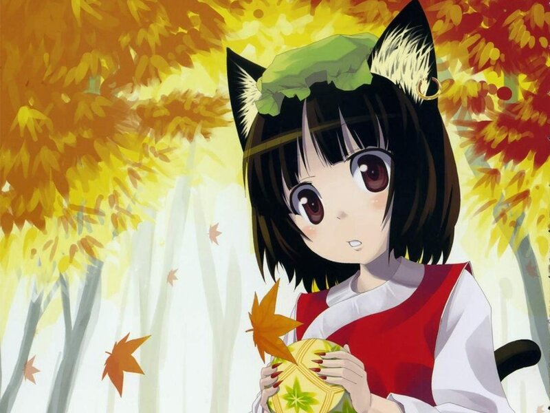 anime girl with cat ears in autumn