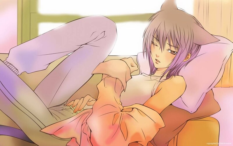 anime girl with cat ears in bed