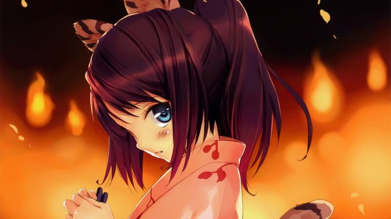 anime girl with cat ears in fire