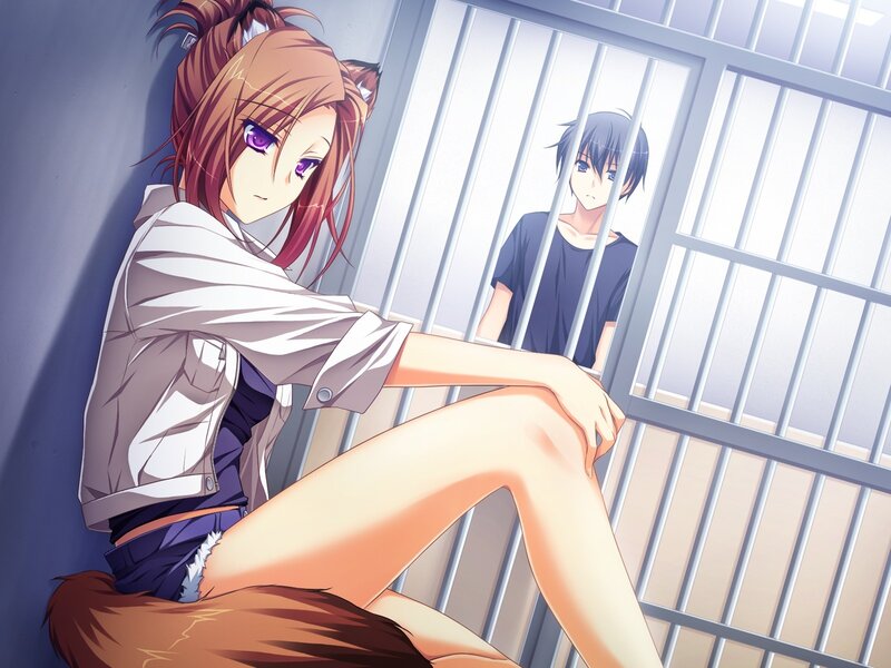 Anime girl with cat ears in jail cell