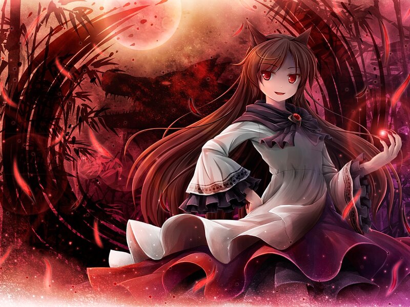 Anime girl with cat ears in red forest