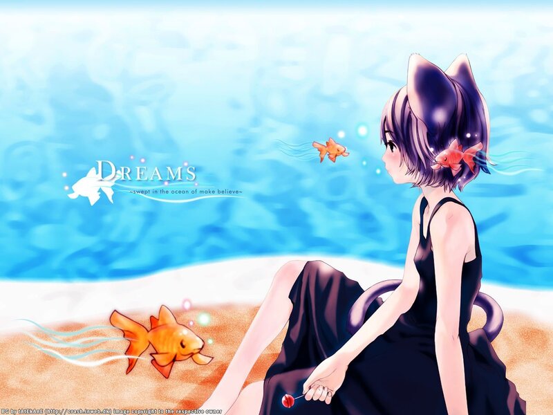 Anime girl with cat ears on beach