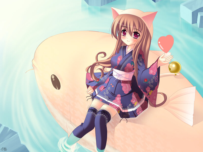 Anime girl with cat ears on fish