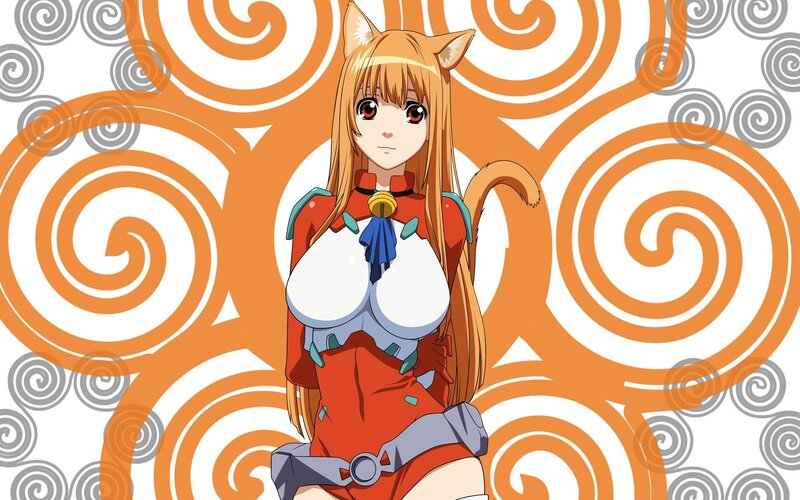 Anime Girl with Cat Ears — Orange, Calm, Cat Ears, Tail, Spiral Background