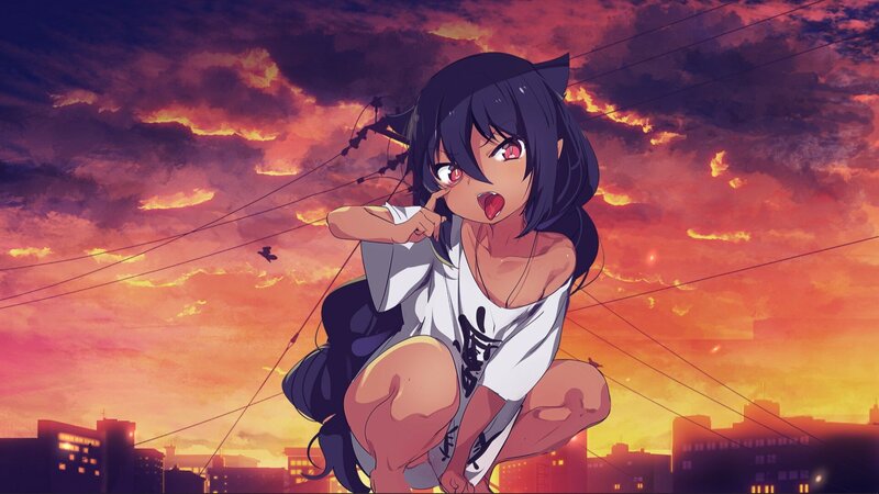 Anime Girl with Cat Ears — Orange, Dramatic, Sunset, Cat Ears, City Skyline