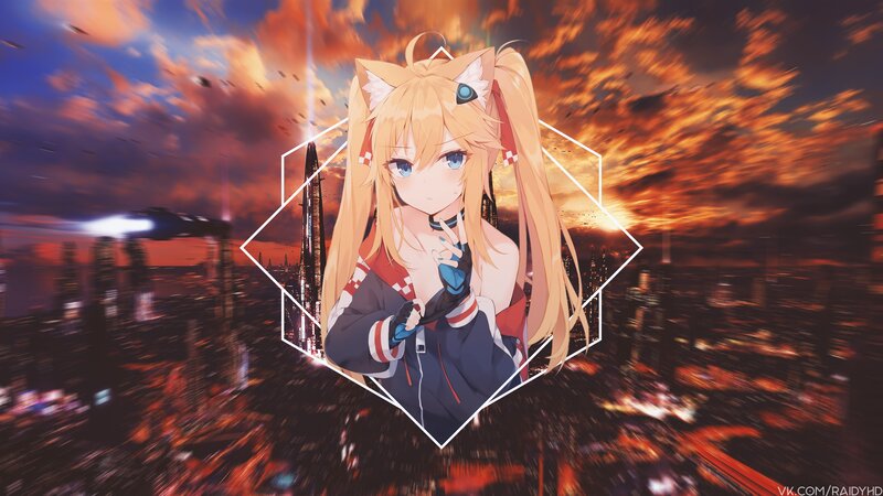 Anime Girl with Cat Ears — Orange, Dramatic, Sunset, Digital Art