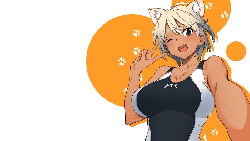 Anime Girl with Cat Ears — Orange, Playful, Cat Ears, Swimsuit