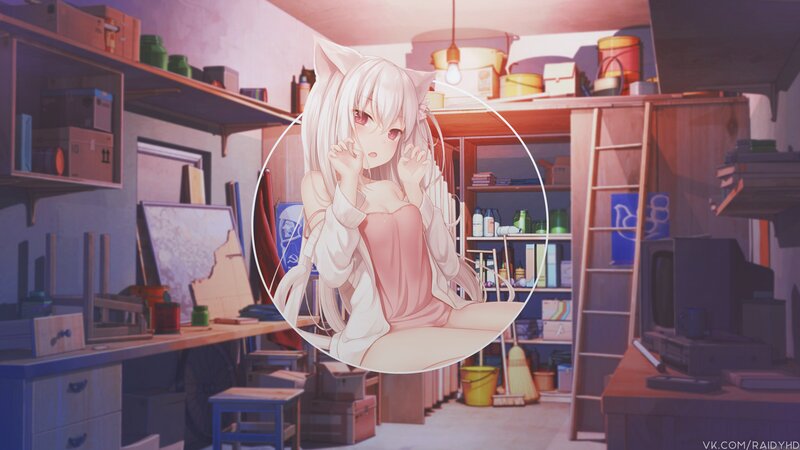 Anime Girl with Cat Ears — Pink, Calm, Sunset, Digital Art