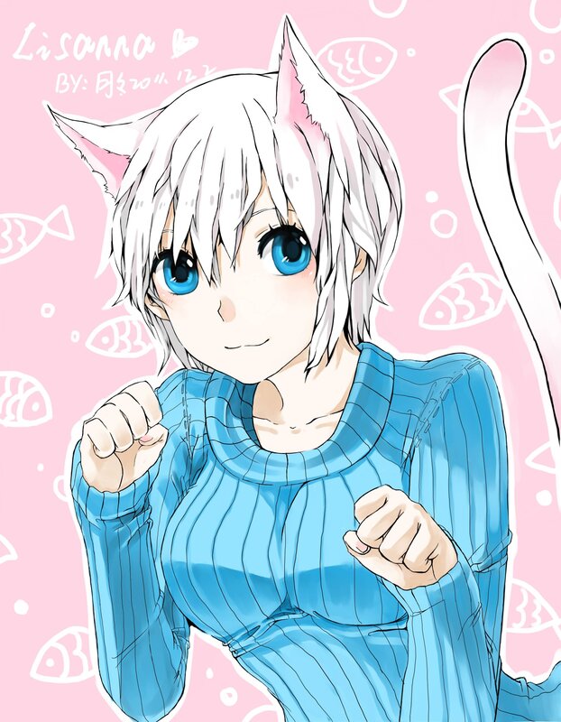 Anime Girl with Cat Ears — Pink, Playful, Manga, Cat Ears, Cat Tail, Fish Pattern