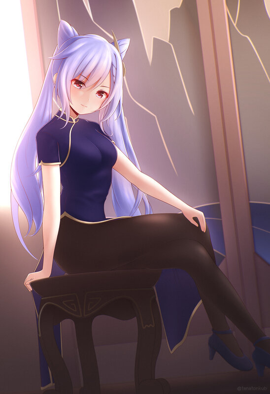 Anime Girl with Cat Ears — Purple, Calm, Digital Art, Cat Ears, Long Hair, Chair