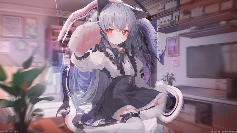 Anime Girl with Cat Ears — Purple, Calm, Digital Art, Cat Ears, Paw Hand