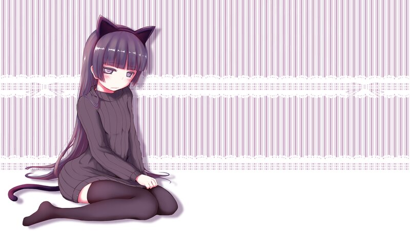 Anime Girl with Cat Ears — Purple, Calm, Digital Art, Cat Ears, Tail