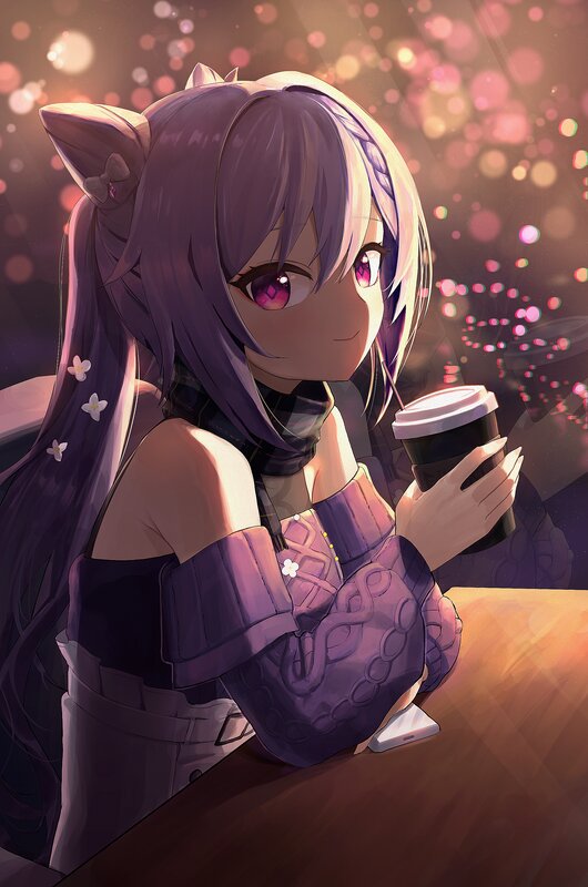 Anime Girl with Cat Ears — Purple, Calm, Night, Digital Art, Coffee Cup