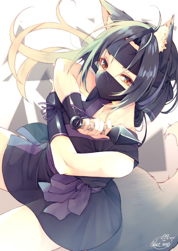 Anime Girl with Cat Ears — Purple, Dramatic, Digital Art, Cat Ears, Mask