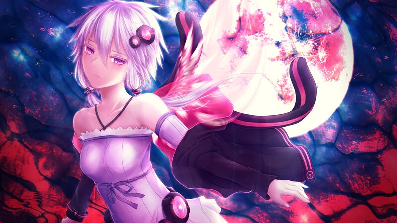 Anime Girl with Cat Ears — Purple, Dramatic, Night, Digital Art, Cat Tail, Moon
