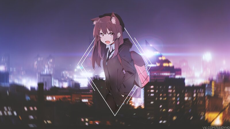 Anime Girl with Cat Ears — Purple, Dramatic, Night, Digital Art, Cityscape