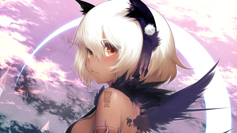 Anime Girl with Cat Ears — Purple, Dramatic, Sunset, Digital Art, Cat Ears
