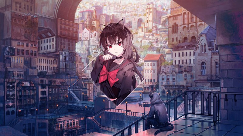 Anime Girl with Cat Ears — Purple, Dramatic, Sunset, Digital Art, Cityscape