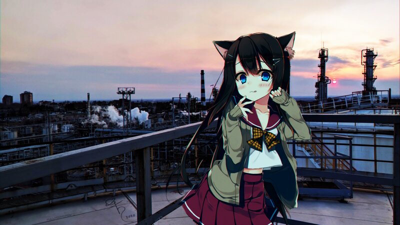 Anime Girl with Cat Ears — Purple, Dramatic, Sunset, Digital Art, Factory