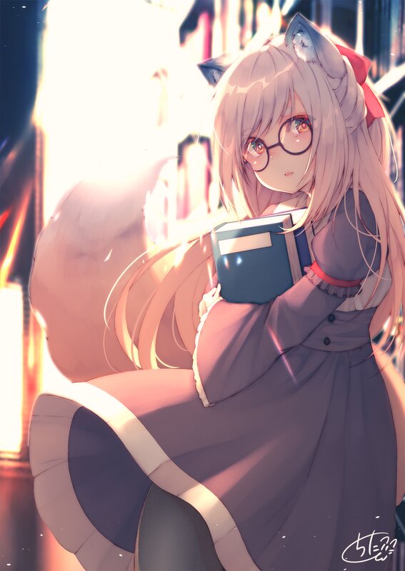 Anime Girl with Cat Ears — Purple, Dramatic, Sunset, Digital Art, Glasses