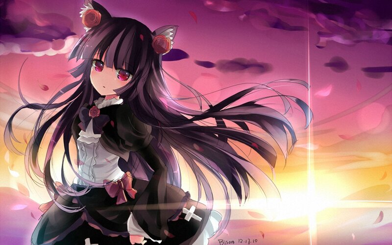 Anime Girl with Cat Ears — Purple, Dramatic, Sunset, Digital Art