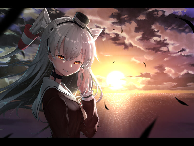 Anime Girl with Cat Ears — Purple, Dramatic, Sunset