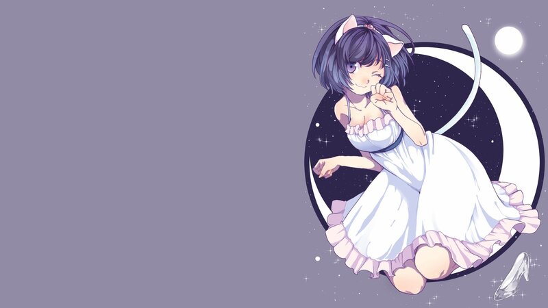 Anime Girl with Cat Ears — Purple, Dreamy, Night, Cat Ears, Moon