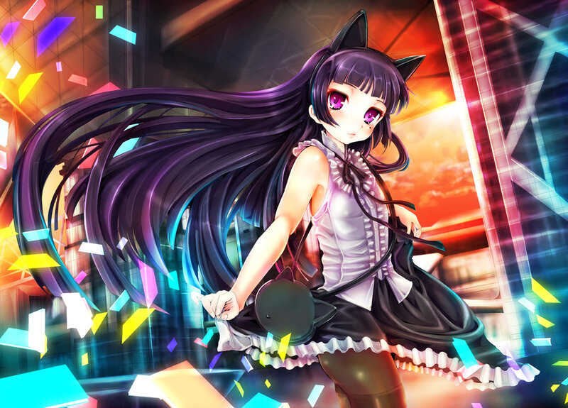 Anime Girl with Cat Ears — Purple, Dynamic, Sunset
