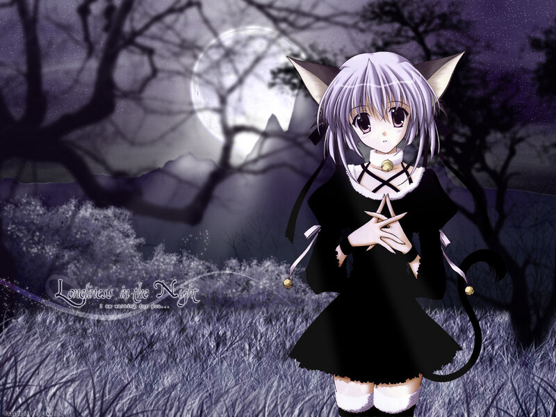 Anime Girl with Cat Ears — Purple, Melancholic, Night