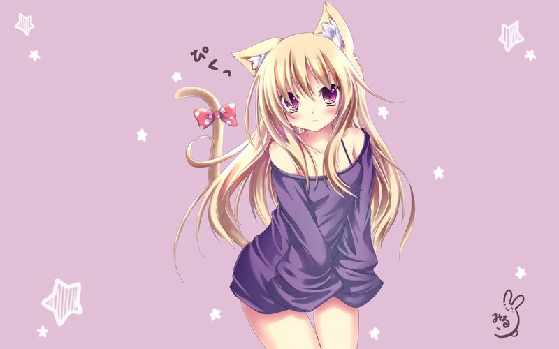 Anime Girl with Cat Ears — Purple, Playful, Cat Ears, Tail, Bow