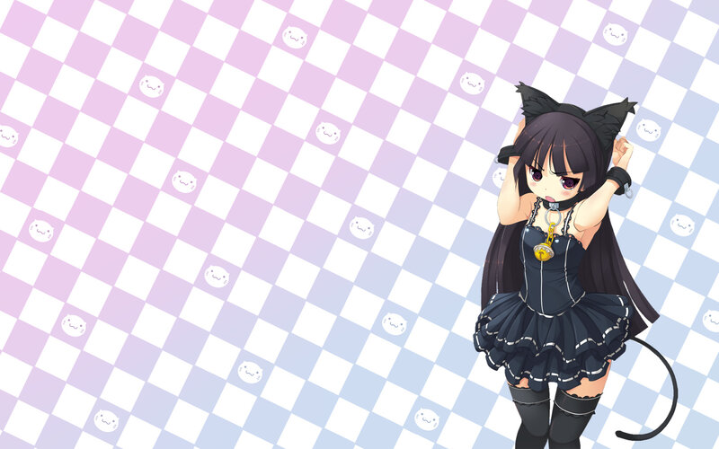 Anime Girl with Cat Ears — Purple, Playful, Cat Ears, Tail, Checkered Background