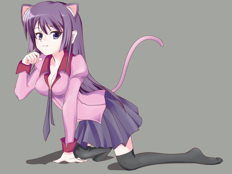Anime Girl with Cat Ears — Purple, Playful, Cat Tail, School Uniform