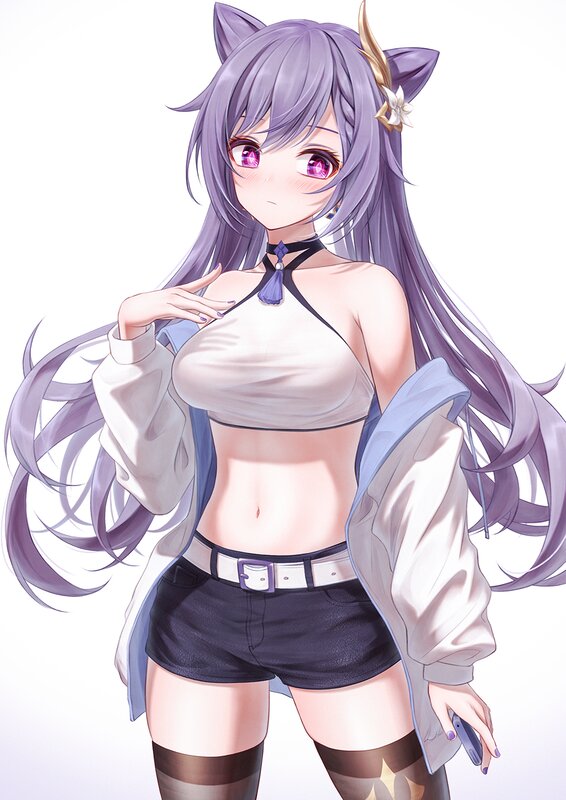 Anime Girl with Cat Ears — Purple, Playful, Digital Art, Cat Ears, Long Hair, Shorts