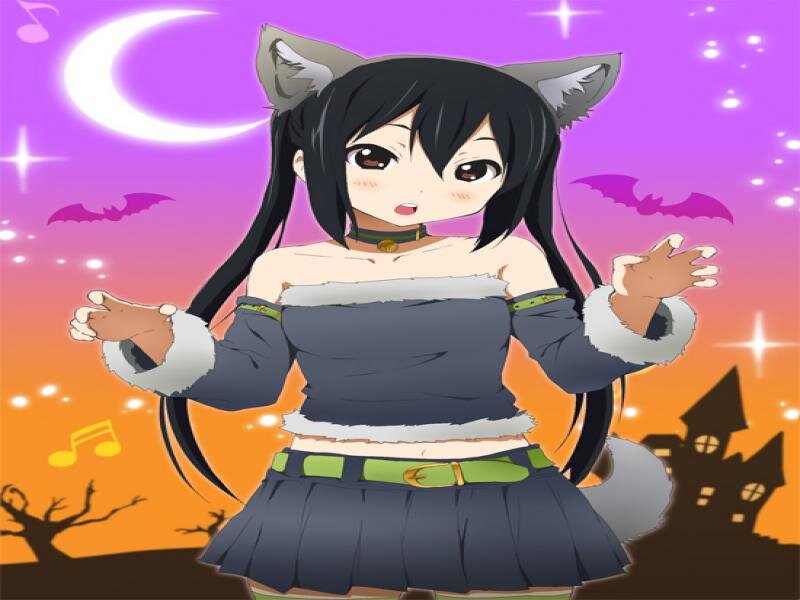 Anime Girl with Cat Ears — Purple, Playful, Night, Moon