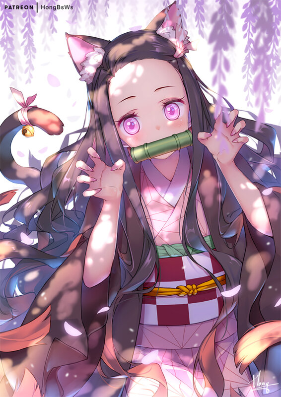 Anime Girl with Cat Ears — Purple, Playful, Spring