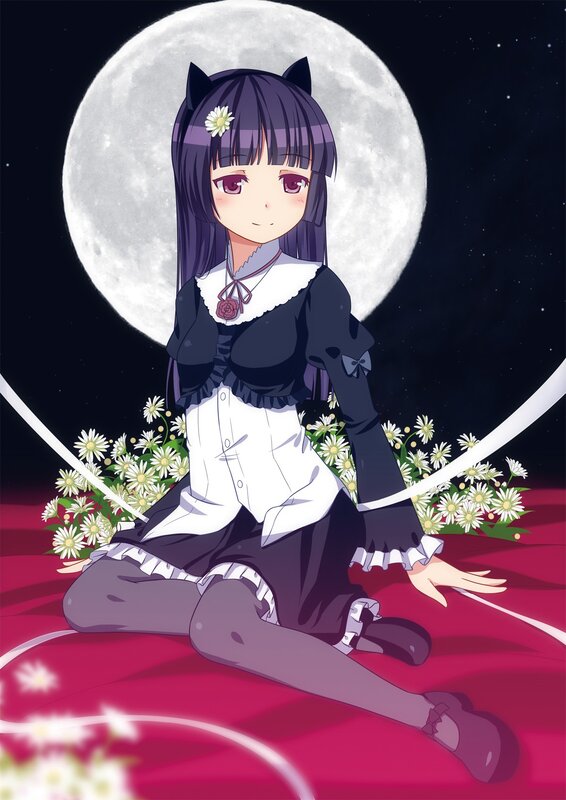 Anime Girl with Cat Ears — Purple, Serene, Night, Moon