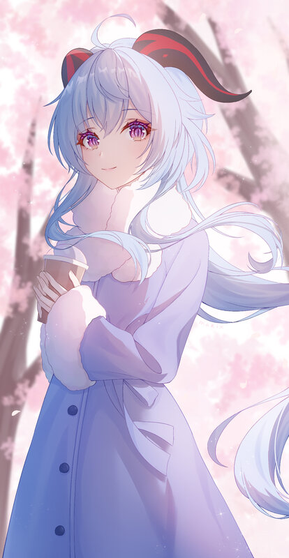 Anime Girl with Cat Ears — Purple, Serene, Spring, Digital Art, Coffee Cup