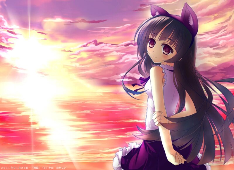 Anime Girl with Cat Ears — Purple, Serene, Sunset, Cat Ears