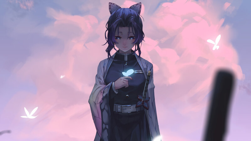 Anime Girl with Cat Ears — Purple, Serene, Sunset, Digital Art, Cat Ears, Sword