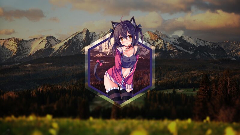 Anime Girl with Cat Ears — Purple, Serene, Sunset, Mountains