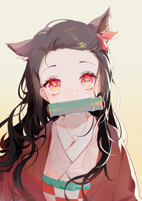 Anime Girl with Cat Ears — Red, Calm, Cat Ears, Kimono