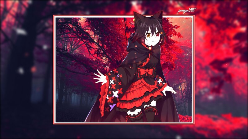 Anime Girl with Cat Ears — Red, Dramatic, Autumn, Digital Art, Red Leaves
