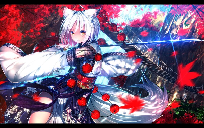 Anime Girl with Cat Ears — Red, Dramatic, Autumn, Digital Art