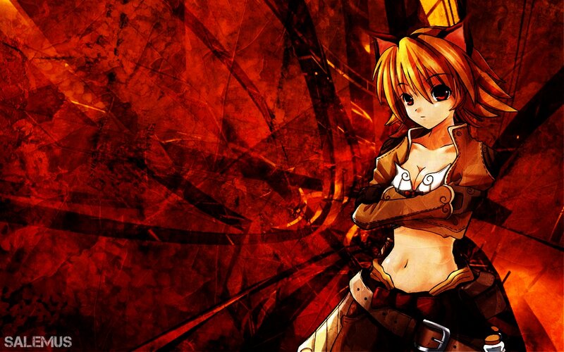 Anime Girl with Cat Ears — Red, Dramatic, Digital Art, Cat Ears
