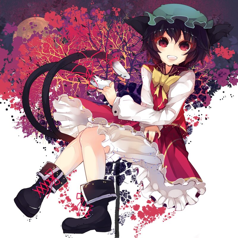 Anime Girl with Cat Ears — Red, Dramatic, Night, Digital Art, Cat Tail