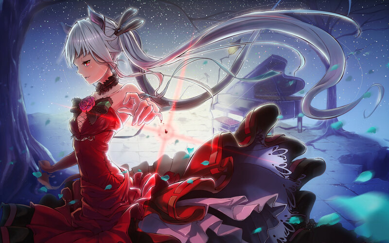 Anime Girl with Cat Ears — Red, Dramatic, Night, Digital Art, Piano