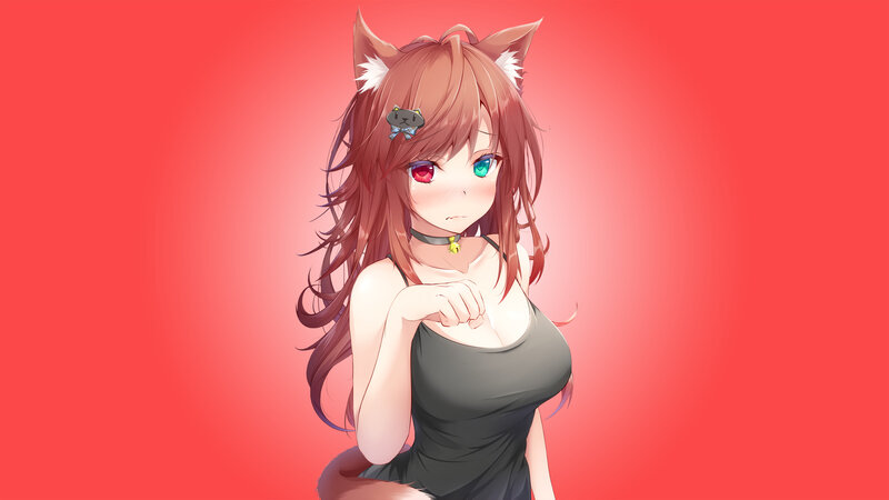 Anime Girl with Cat Ears — Red, Neutral, Digital Art